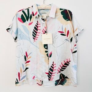 [Cynthia Rowley] Linen Leaf Dancer Print Button Down Split Hem Rolled Sleeve Top
